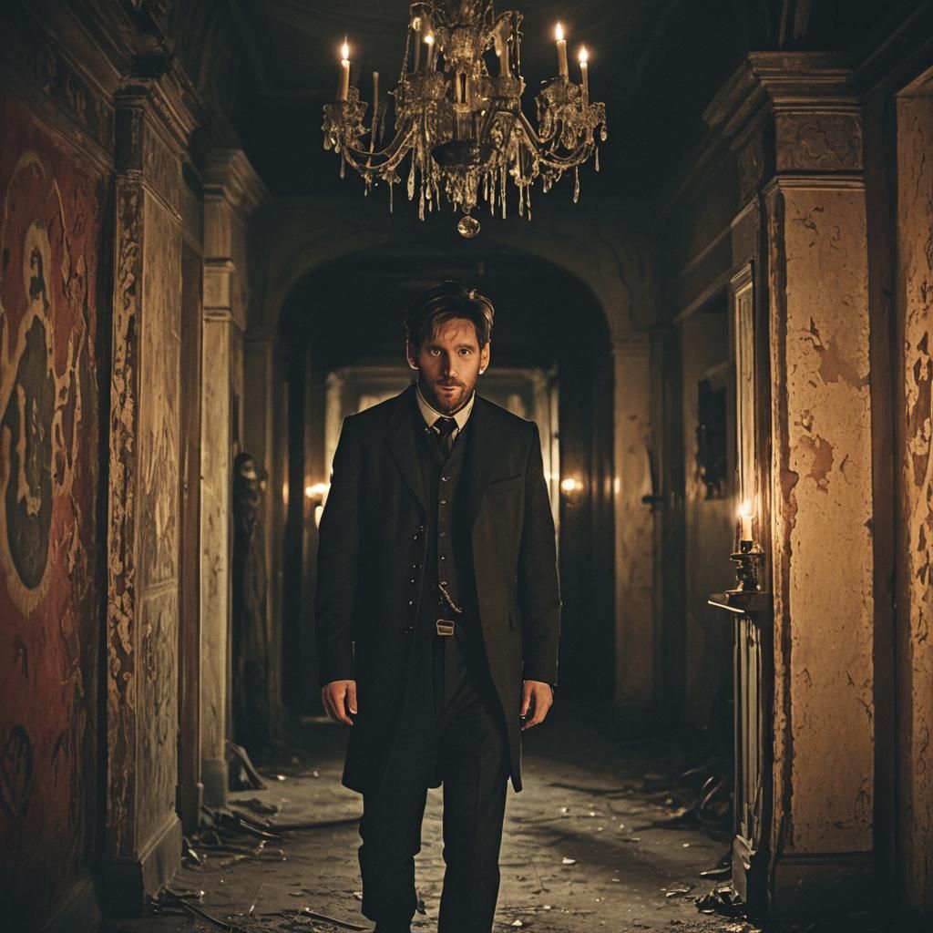 Messi in Haunted Mansion: Cinematic Horror Still