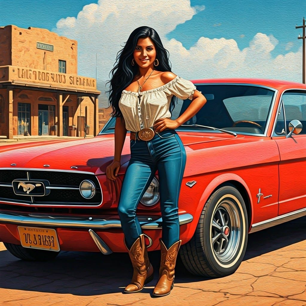 Sultry Latina Goddess Poses Beside Classic Mustang in Dusty ...
