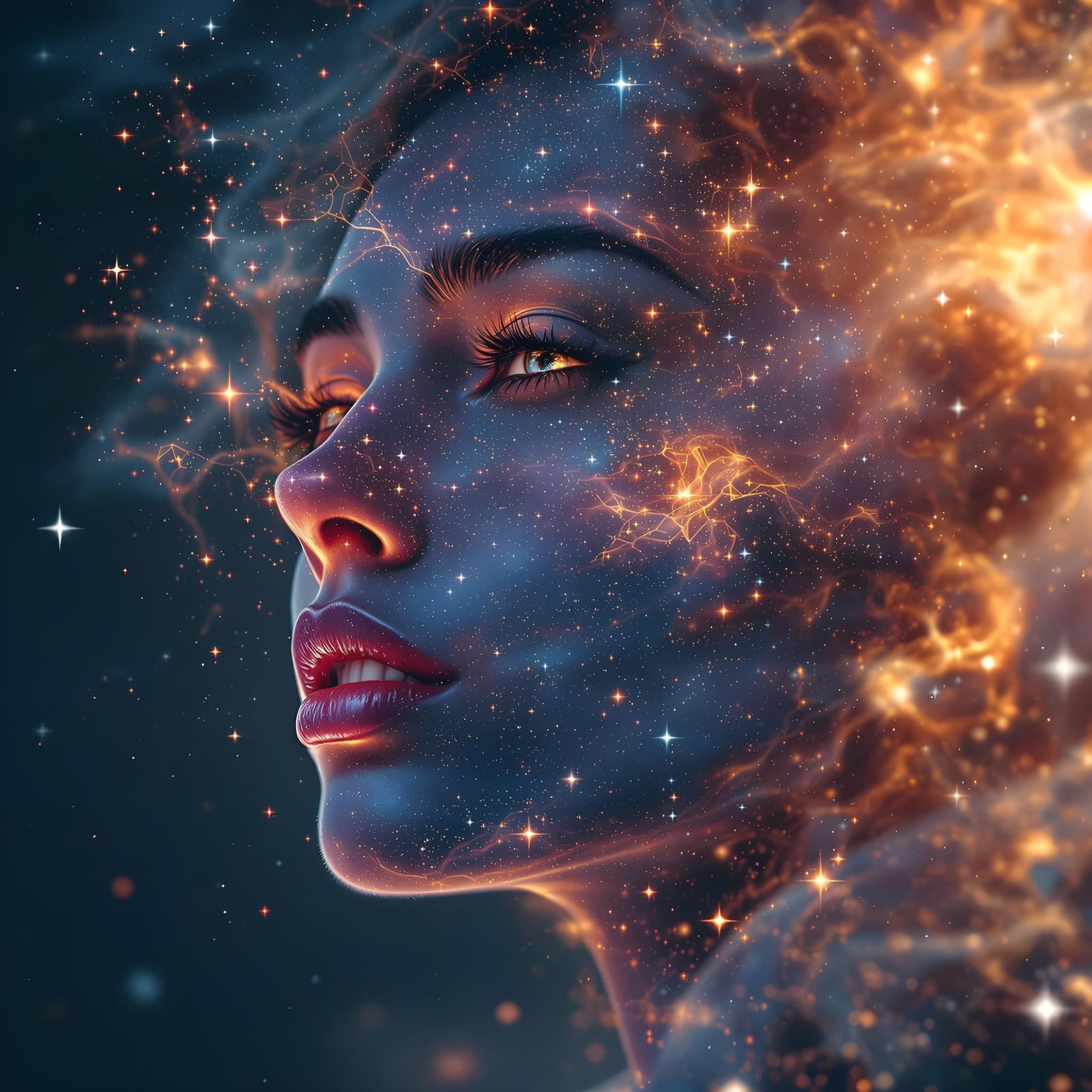 Cosmic Stardust Woman Glitch Portrait in Surreal Style