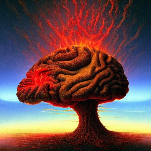 Brain Landscape Erupting Lava: Surrealist Painting