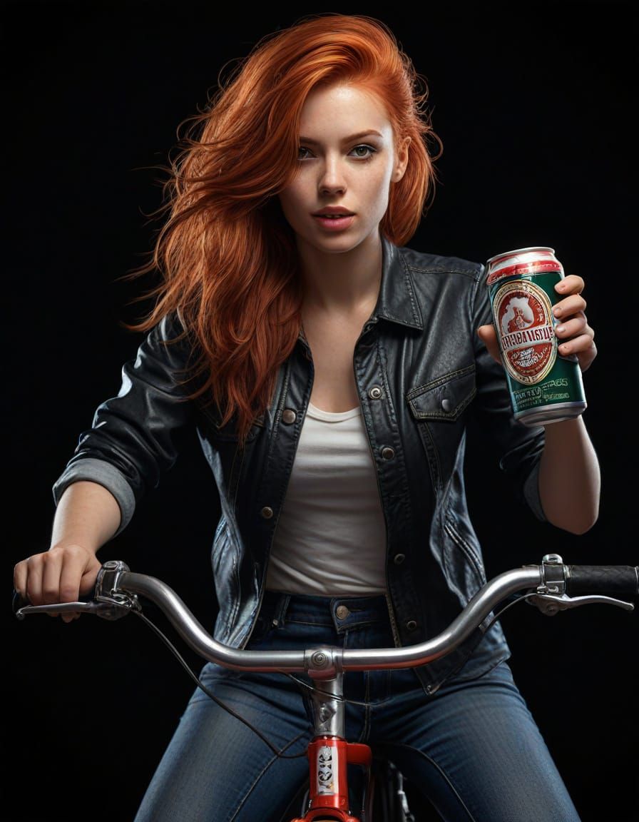 Red Haired Girl on Bike with Beer: Digital Art