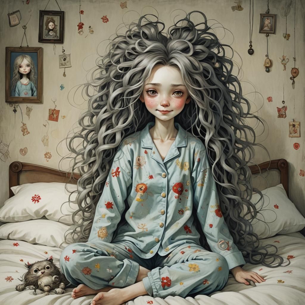 Woman with Chaotic Hair in Bed, Dark Surrealism