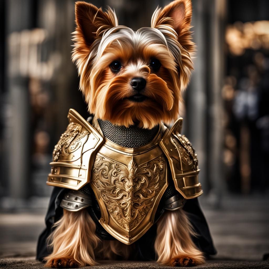 Armored Golden Yorkie Dog Portrait in HDR