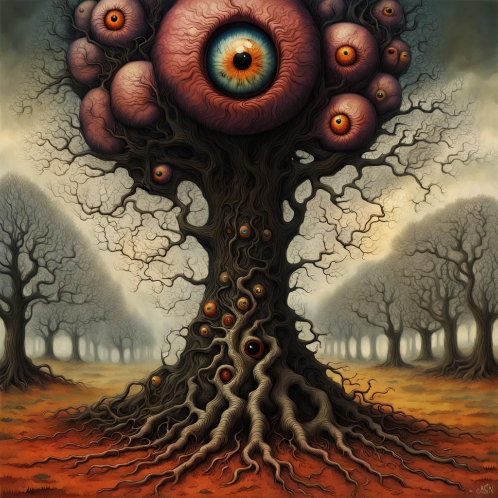 Surreal Eyeball Tree in a Macabre Landscape