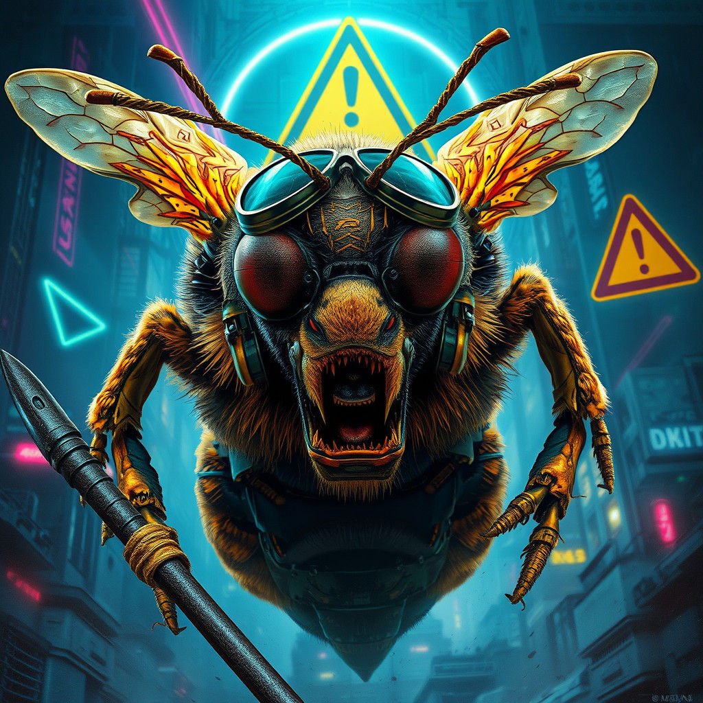 Cyberpunk Bee Soldier in Dystopian Cityscape