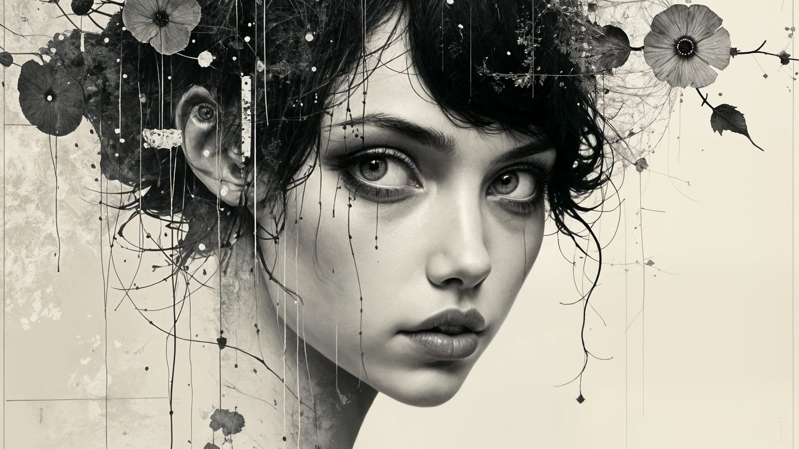 A Woman's Face Fades into Tree Branches in a Dreamy Black an...