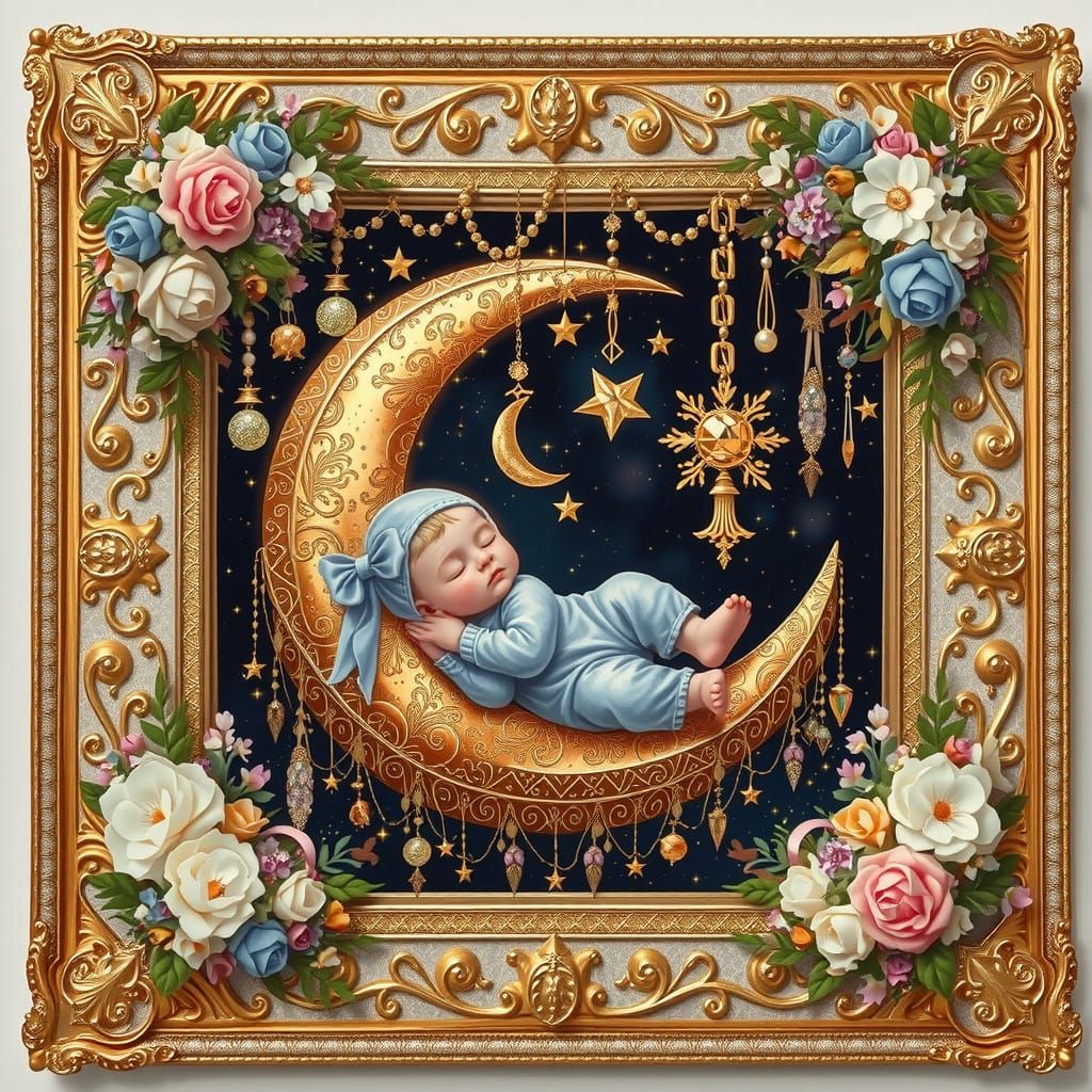 Golden Frame with Slumbering Infant and Crescent Moon