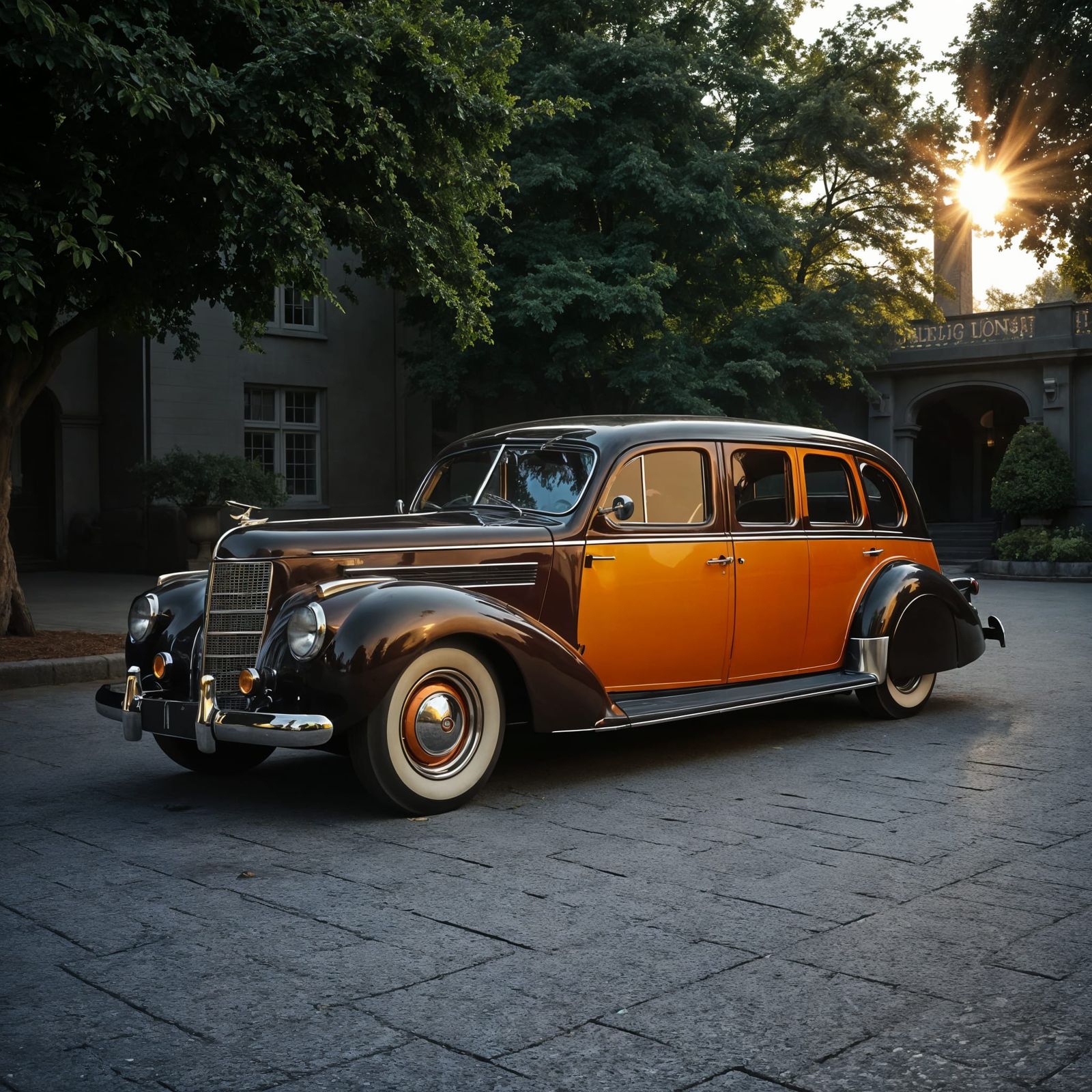 Steampunk 1948 Maroon Limousine with Gold Accents