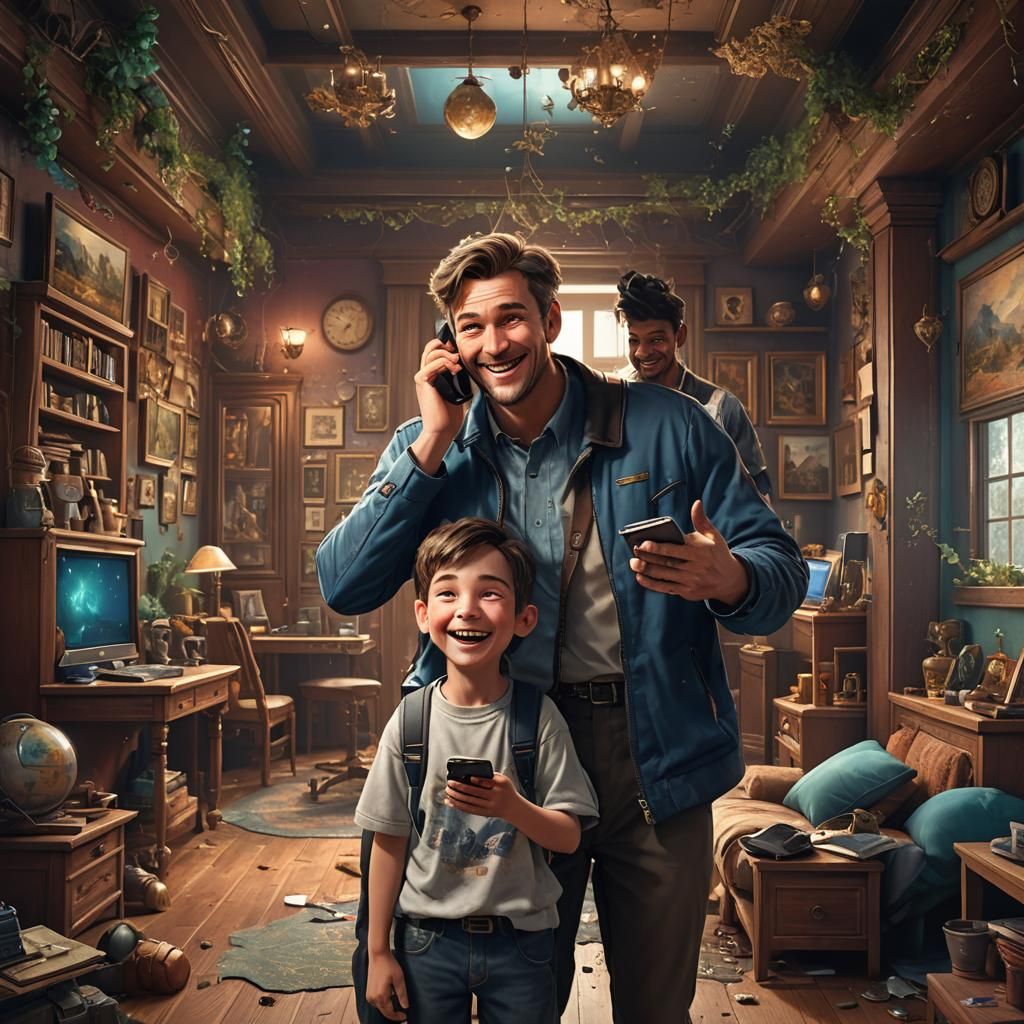 Father and Son Mobile Phone Communication: Detailed Matte Pa...