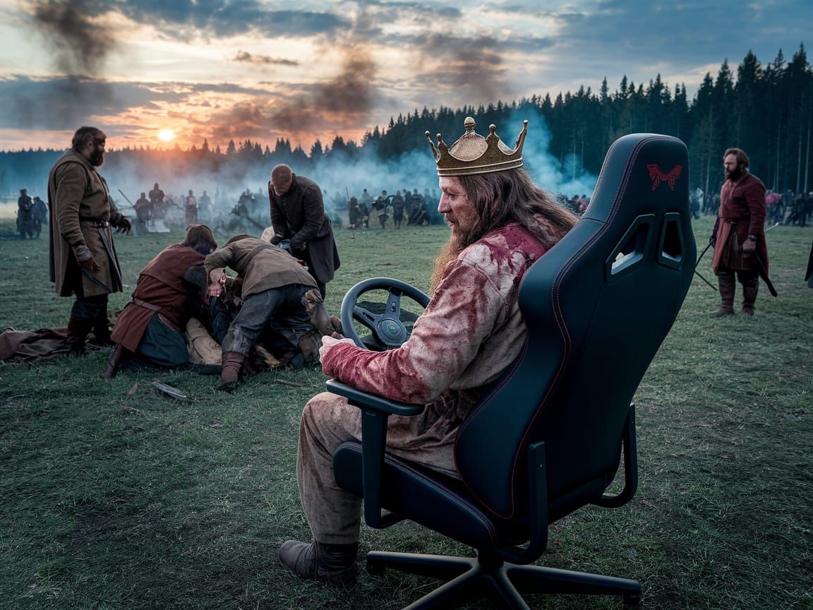 Victorious King Triumphs Over Battle-Torn Landscape