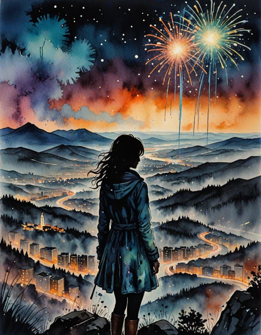 Surreal Woman Silhouette against Vibrant City Fireworks Nigh...