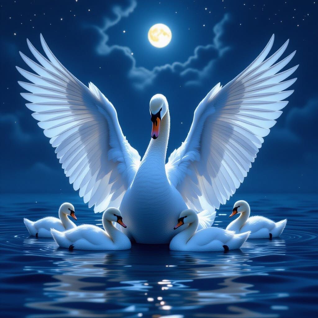 Swan and Cygnets on a Moonlit Sea
