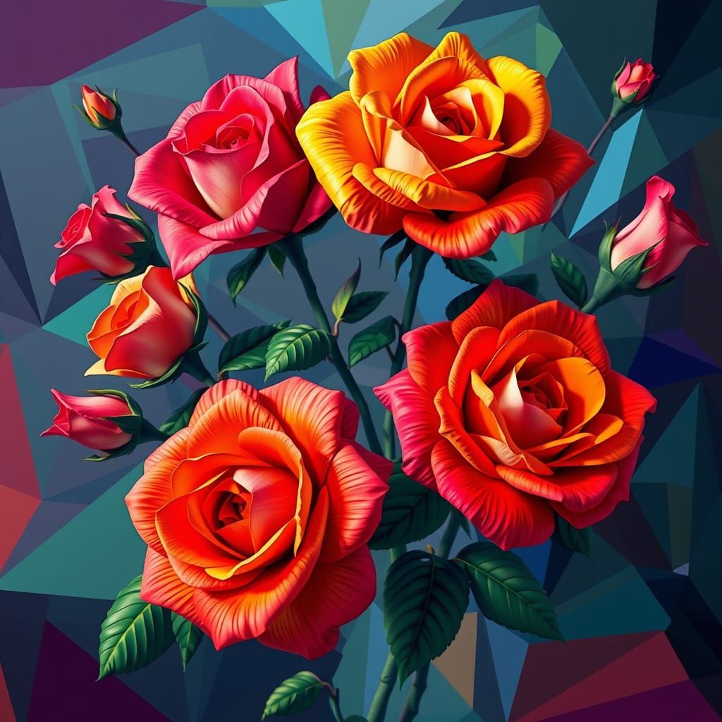 Vibrant Roses in Neo-Cubist Art Deco Style
