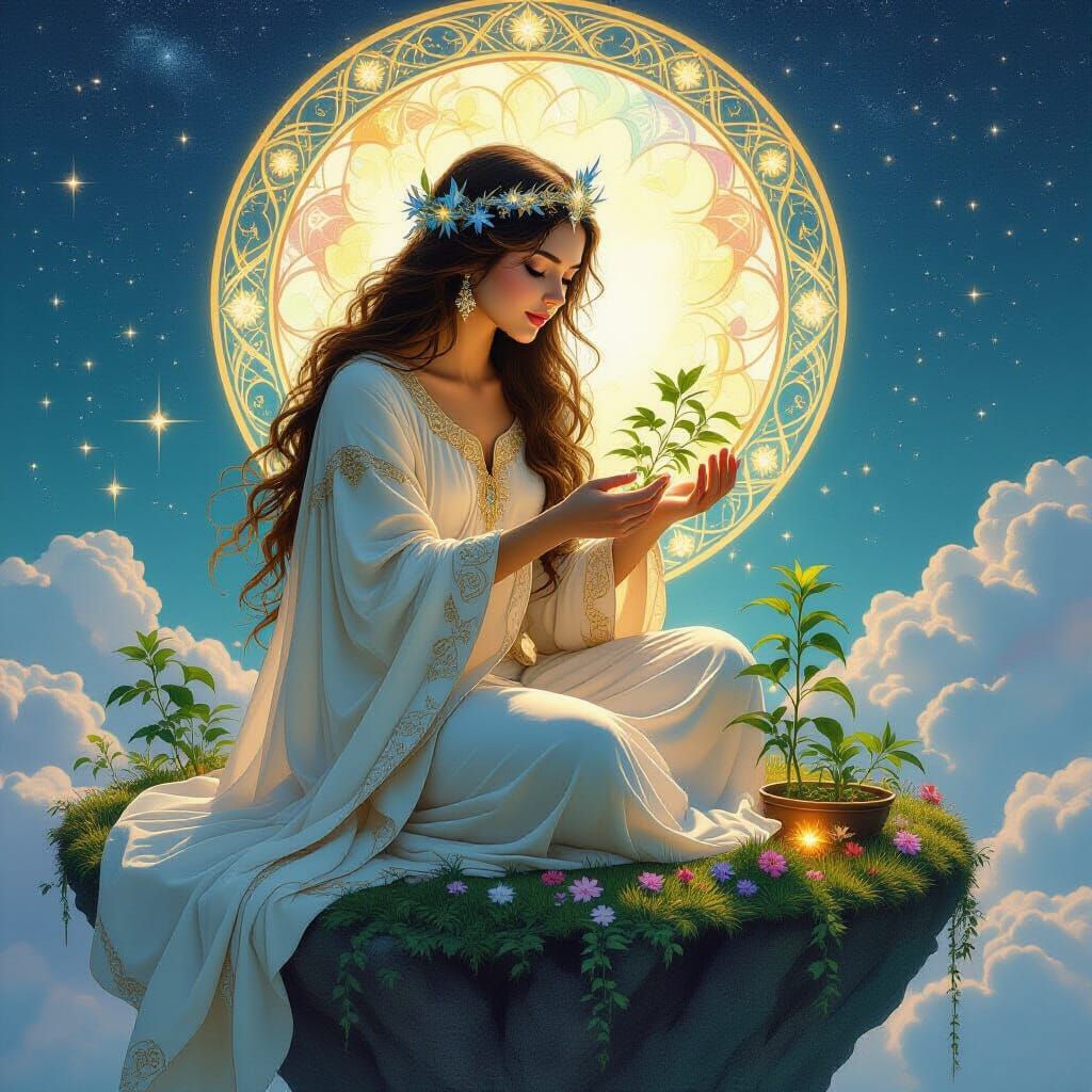 Celestial Herbalist's Cosmic Garden: Art Nouveau Style