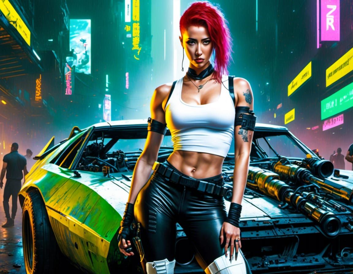 Cyberpunk Mechanic Girl Working on Musclecar Engine