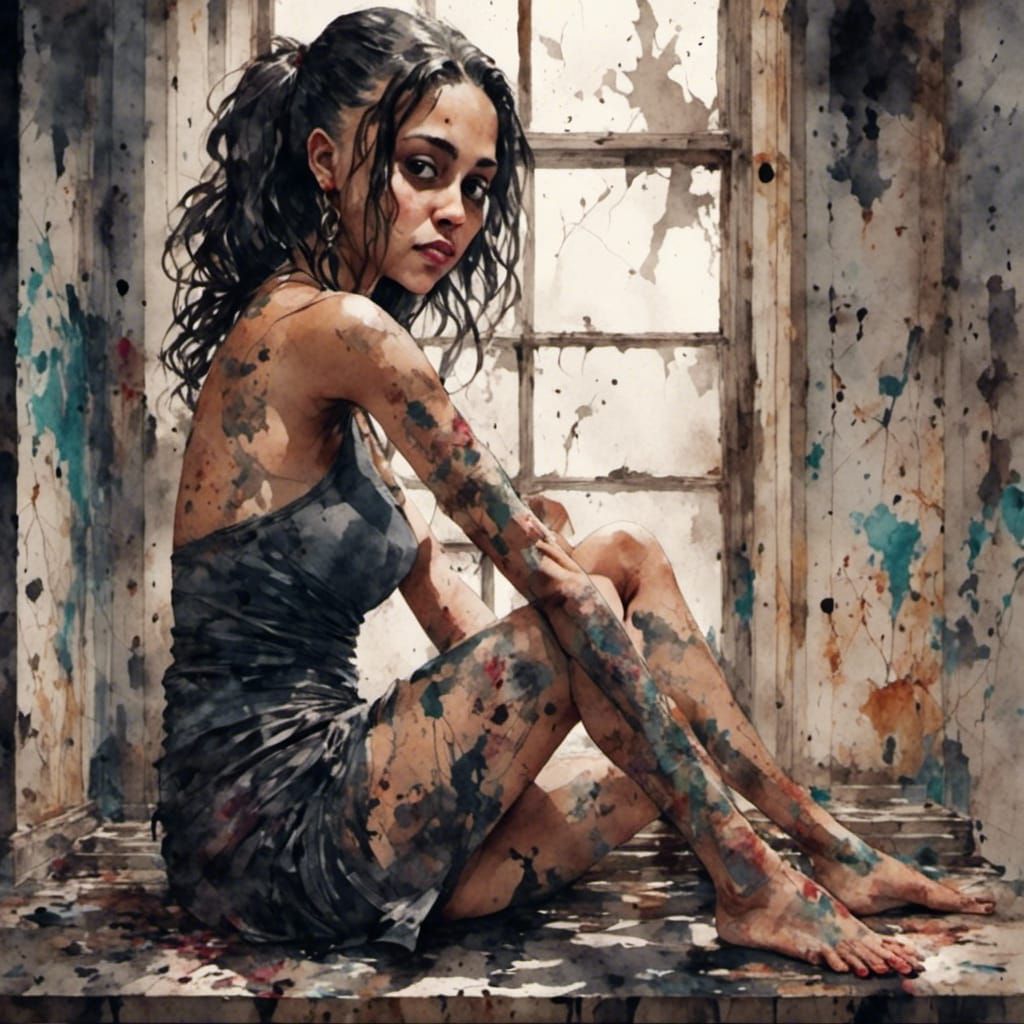 Grunge Tattooed Woman in Antique Watercolor Style