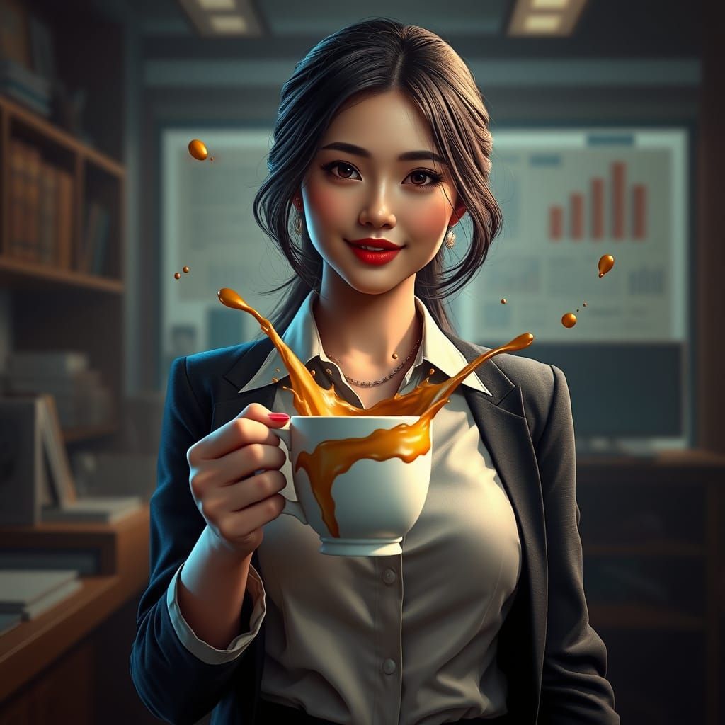 Asian Secretary Coffee Spill: Detailed Matte Painting