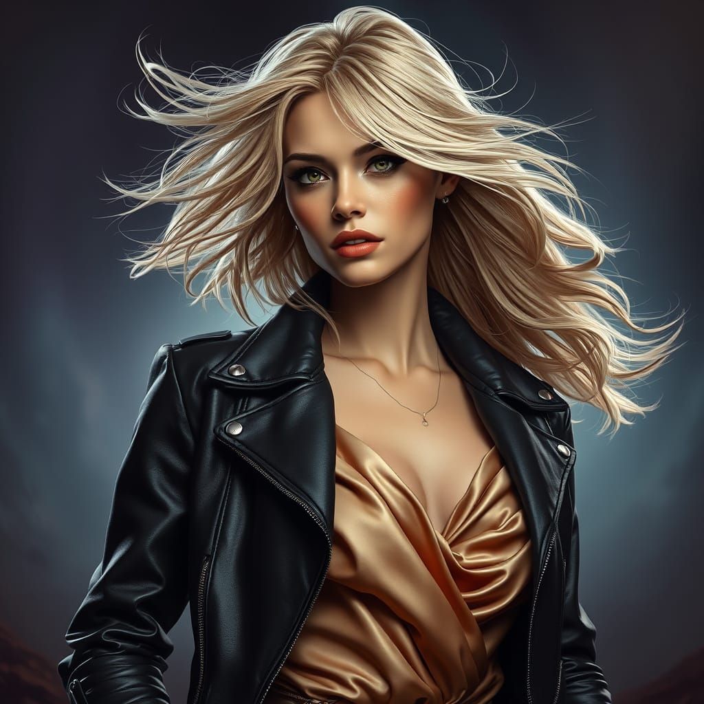 Mystical Blonde Enigma in Leather and Satin