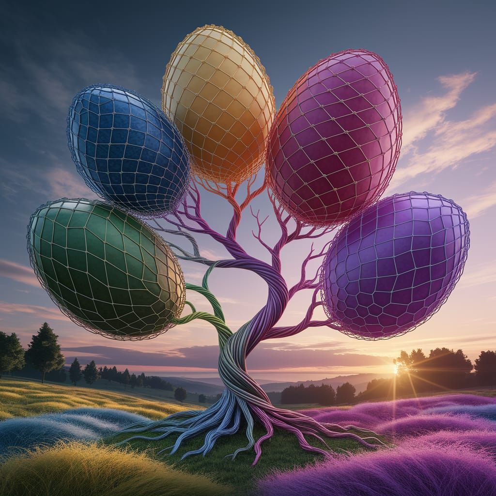 Vibrant Wire Eggs Dance on Tree of Life at Sunrise