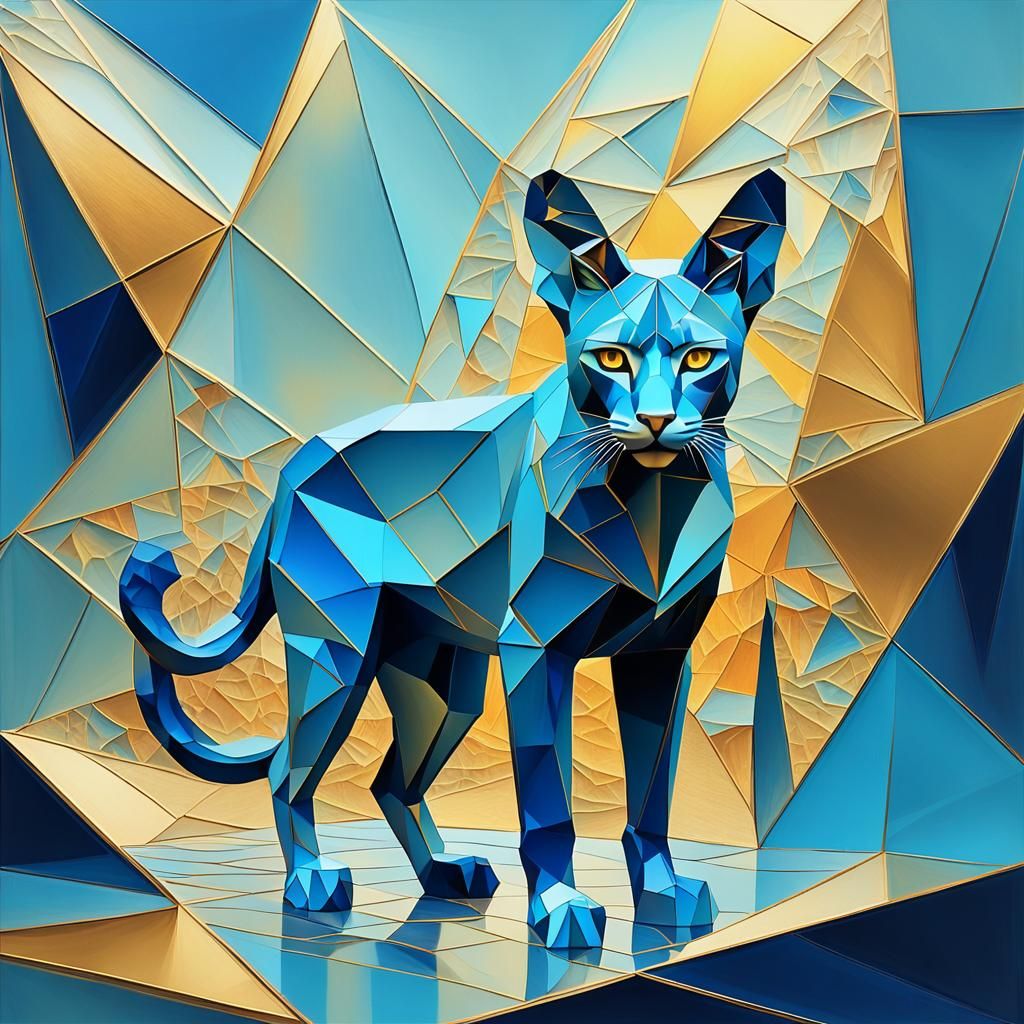Abstract Feline in Gold and Blue Hues