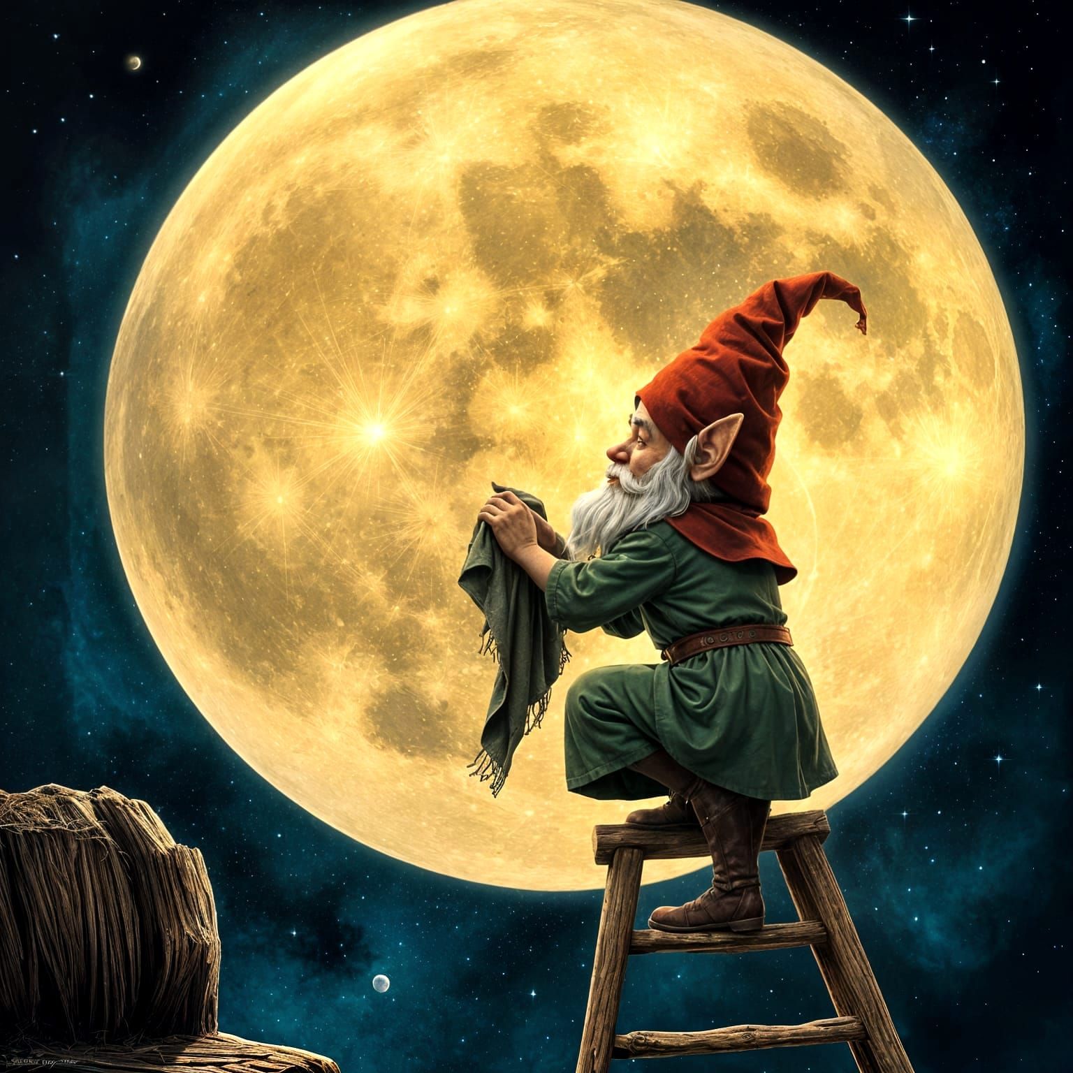 Gnome Polishing Moon in Fairy Tale Illustration