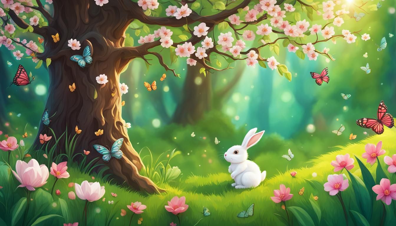 Kawaii White Bunny in Spring Forest Fairytale