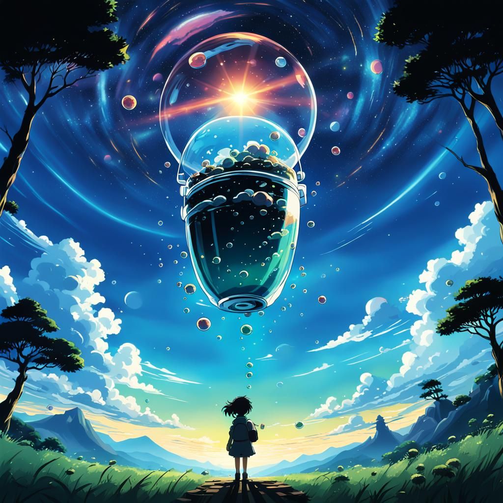 Cosmic Bubble Tea Silhouette in Anime Style