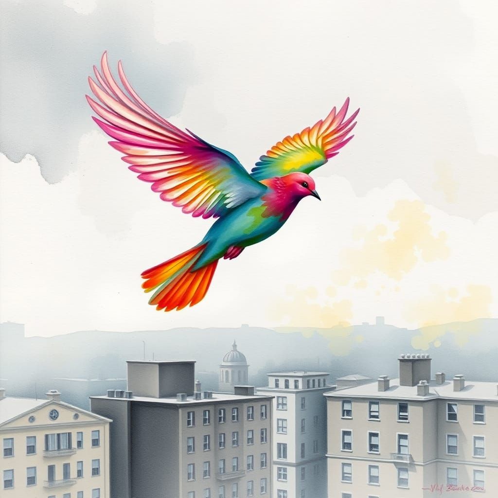 Ethereal Dove Takes Flight Above City Skies in Impressionist...