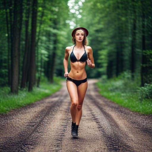 Steampunk Engine Powers Woman Running Forest Track