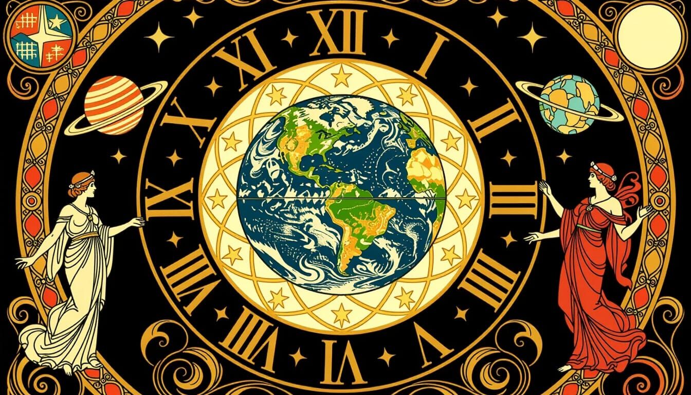 Zodiac Constellations Unite Globe in Golden Art Nouveau Styl...
