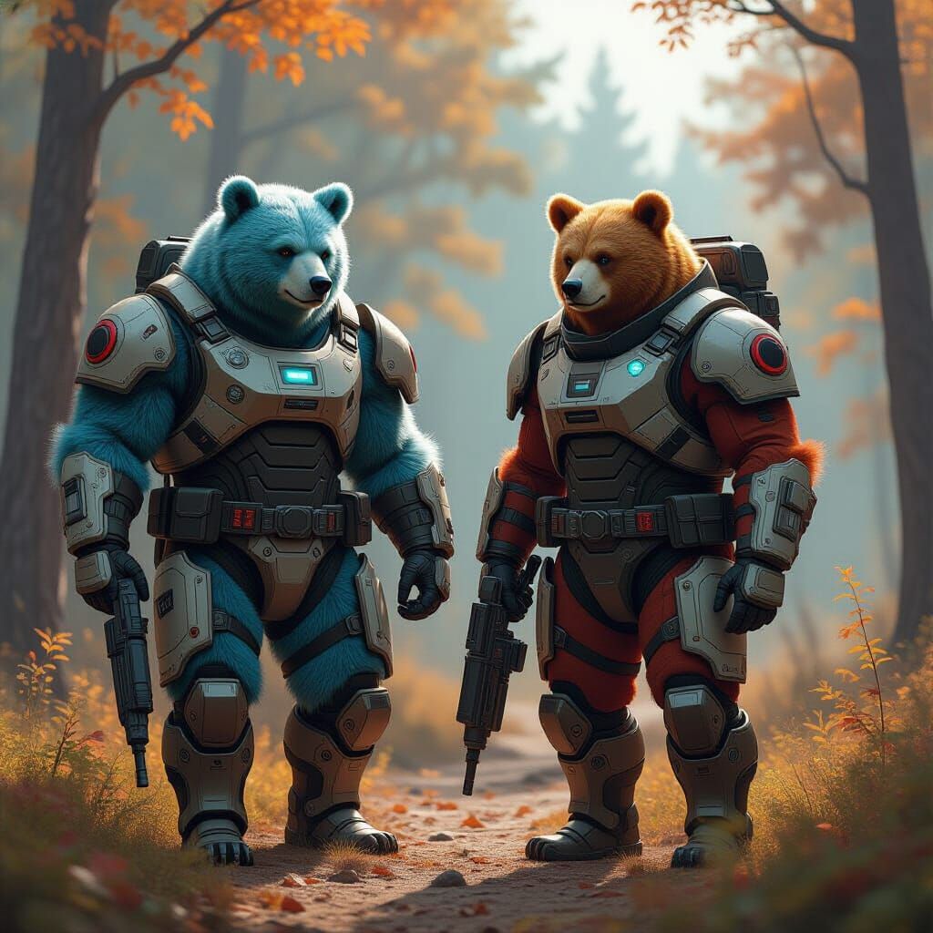 Futuristic Armored Bears Patrolling Autumn Woodland