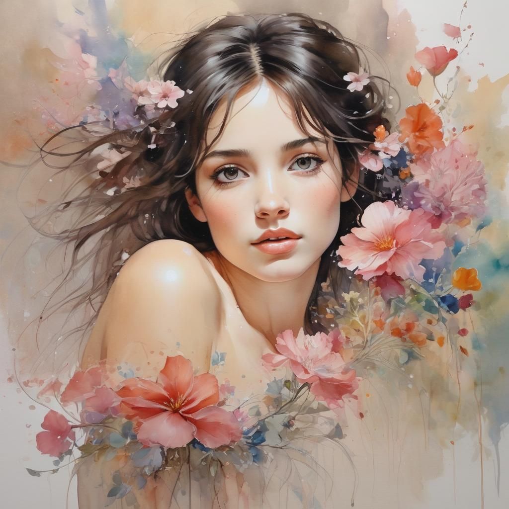 Dreamy Opalized Portrait in Watercolor Style