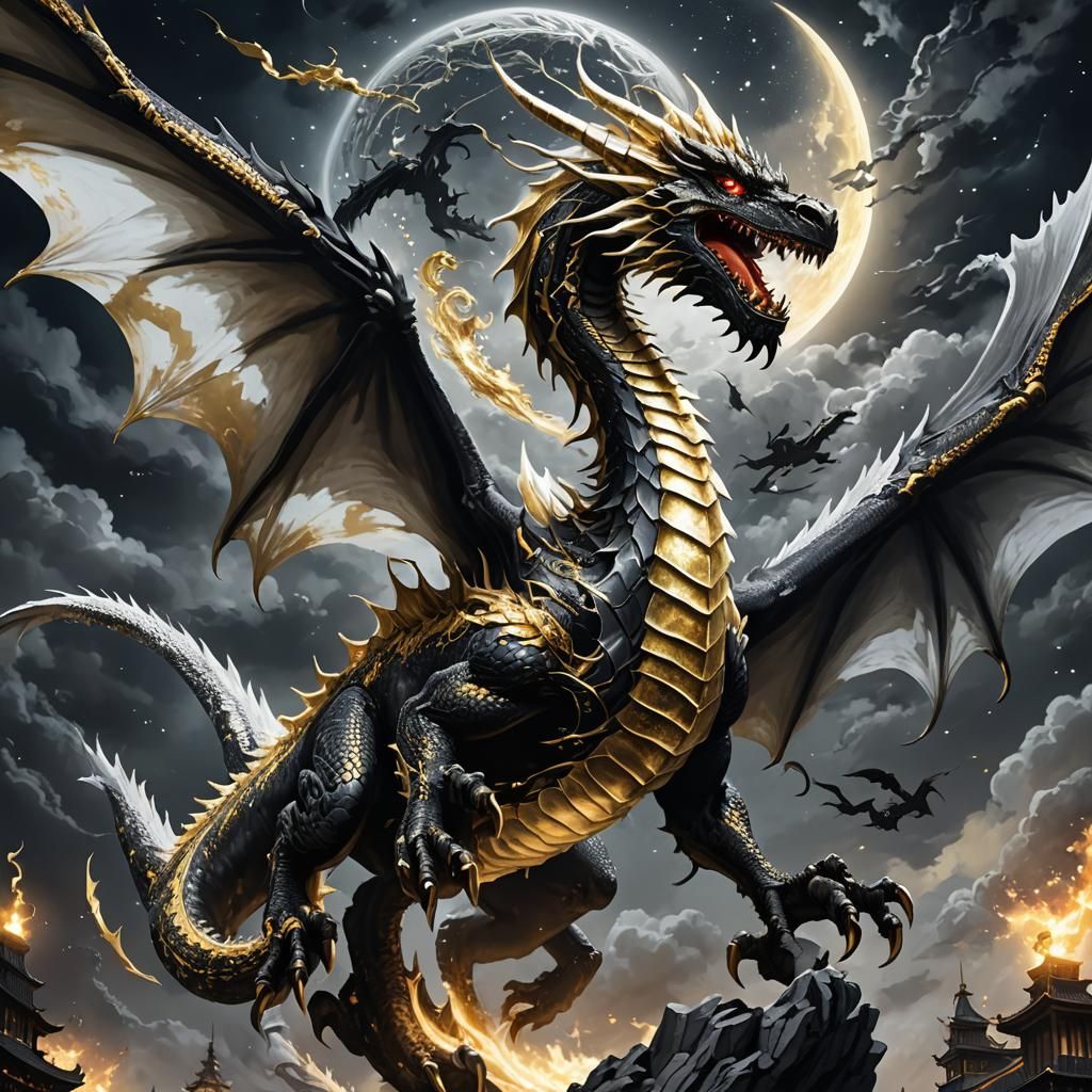A black dragon with gold and silver.