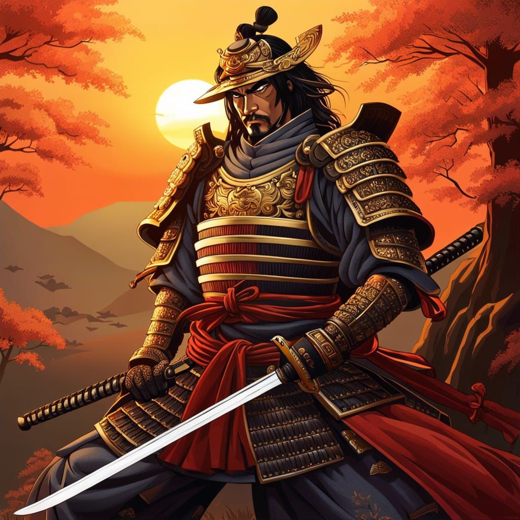Samurai Warrior in Ornate Armor, Anime Style