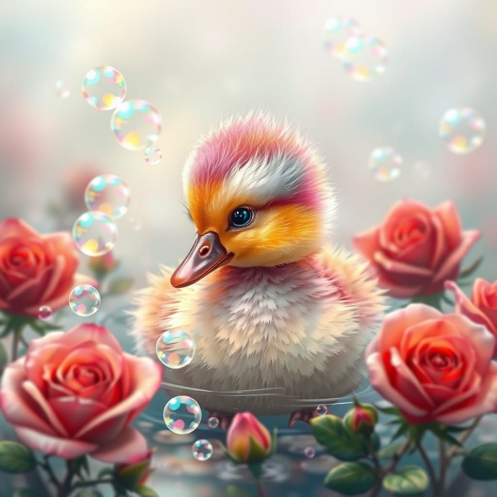 Whimsical Baby Duck in Rainbow Feathers with Swirling Bubble...