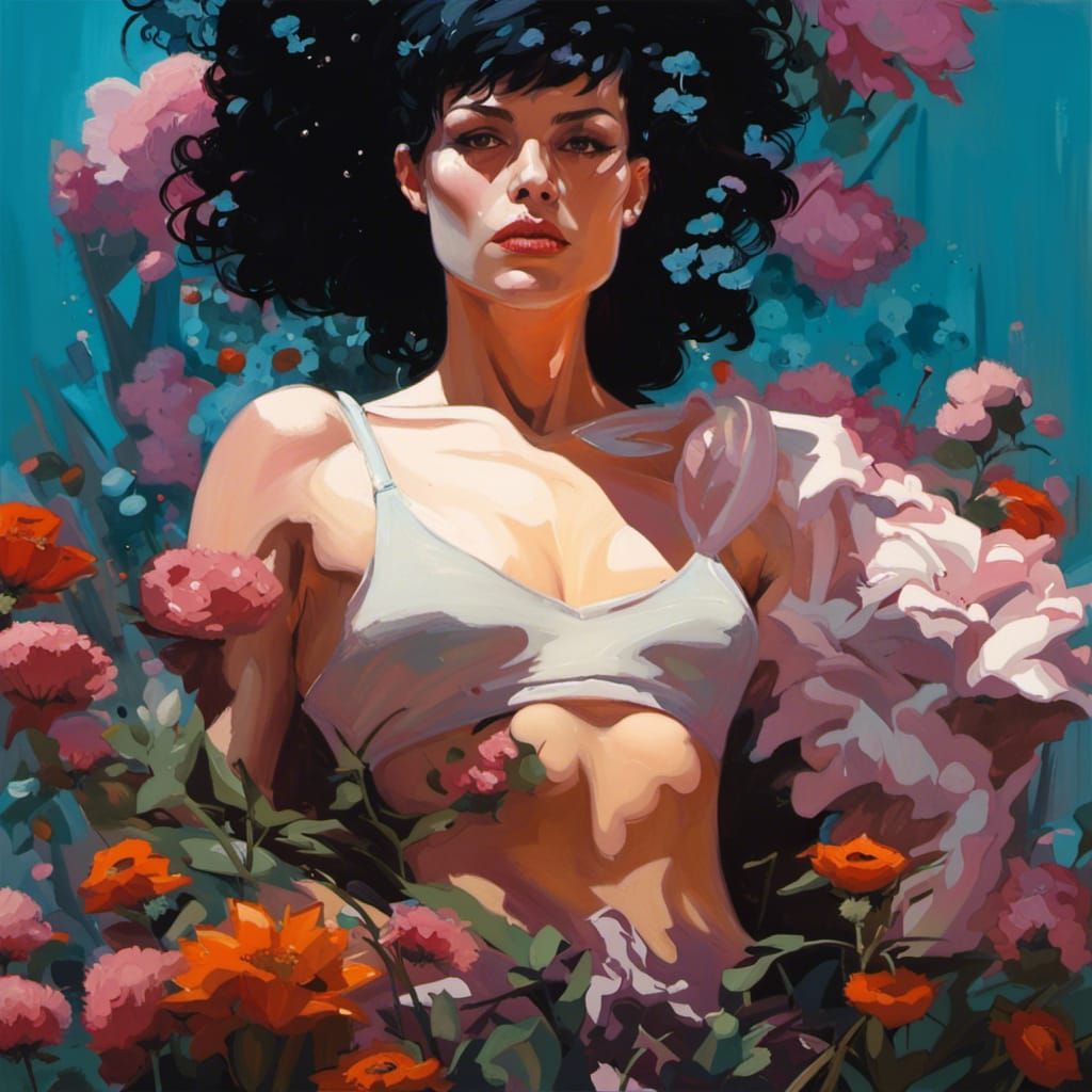 Punk Cyborg Woman in Floral Cyberpunk Oil Painting