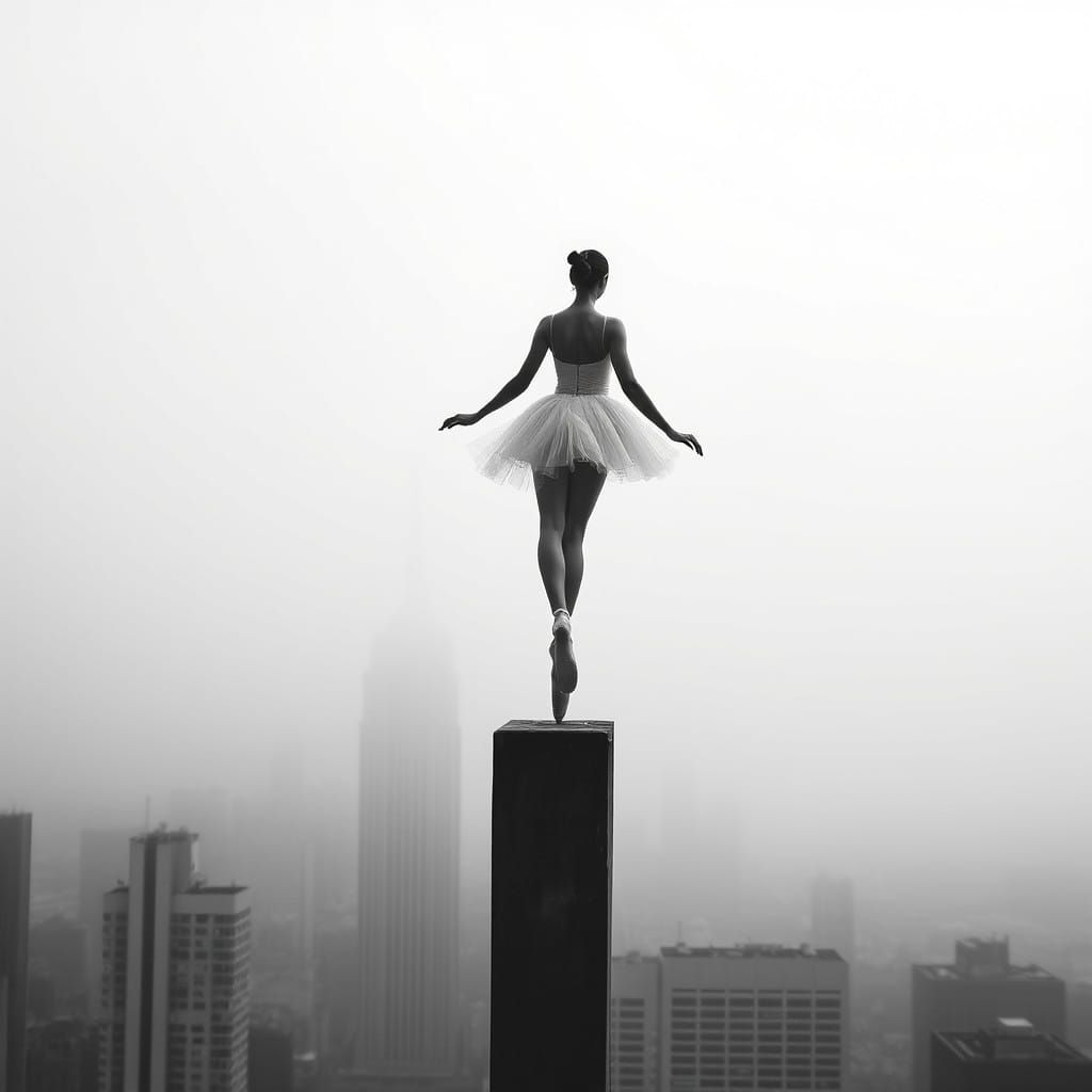 Surrealist Ballerina Perched on Foggy Skyscraper in Black an...