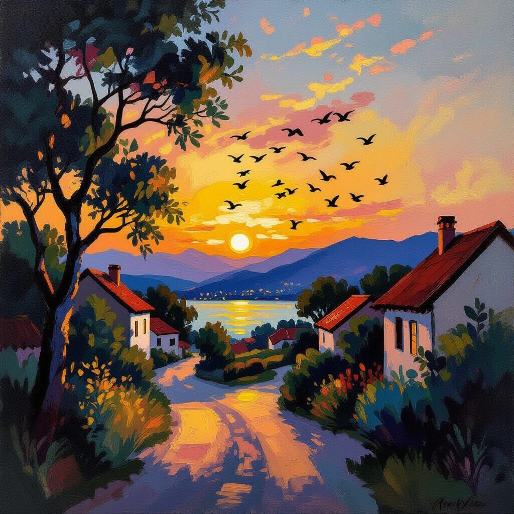 Summer Twilight: Birds Fly Home in Post-Impressionist Style