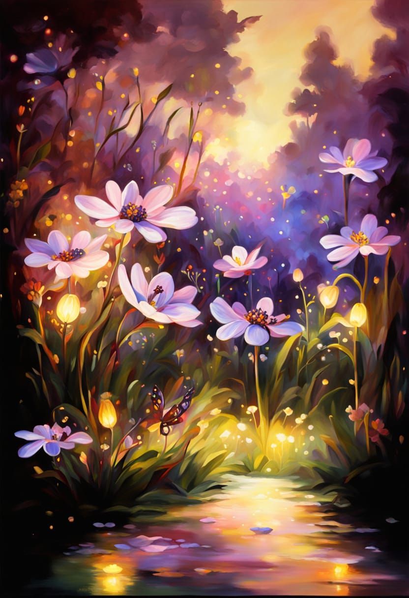 Enchanting Garden at Twilight with Glowing Fireflies
