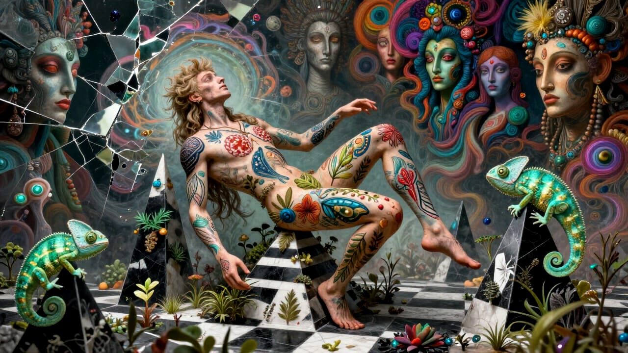 Mystical Prince Resting Amidst Surreal Bio-Art Collage