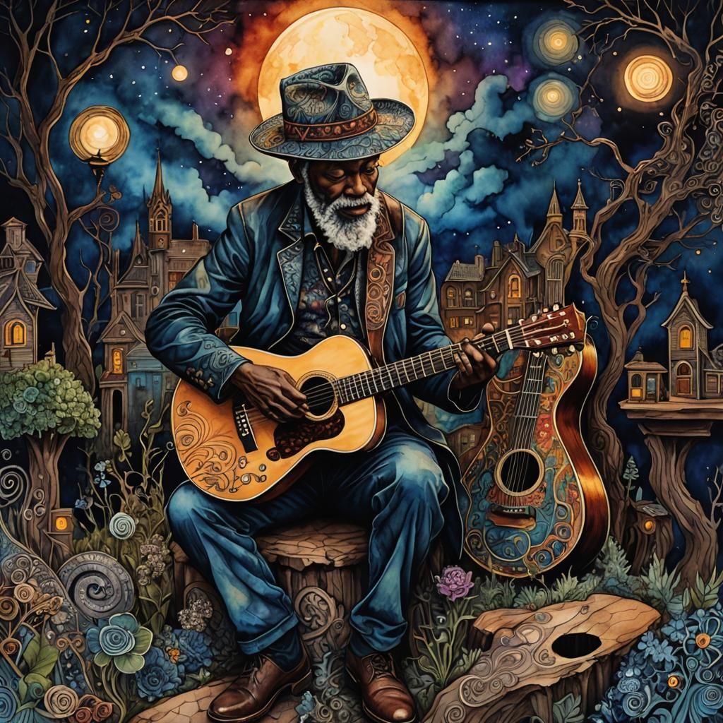 Eerie Crossroads: Bluesman in Zentangle Alcohol Ink Style