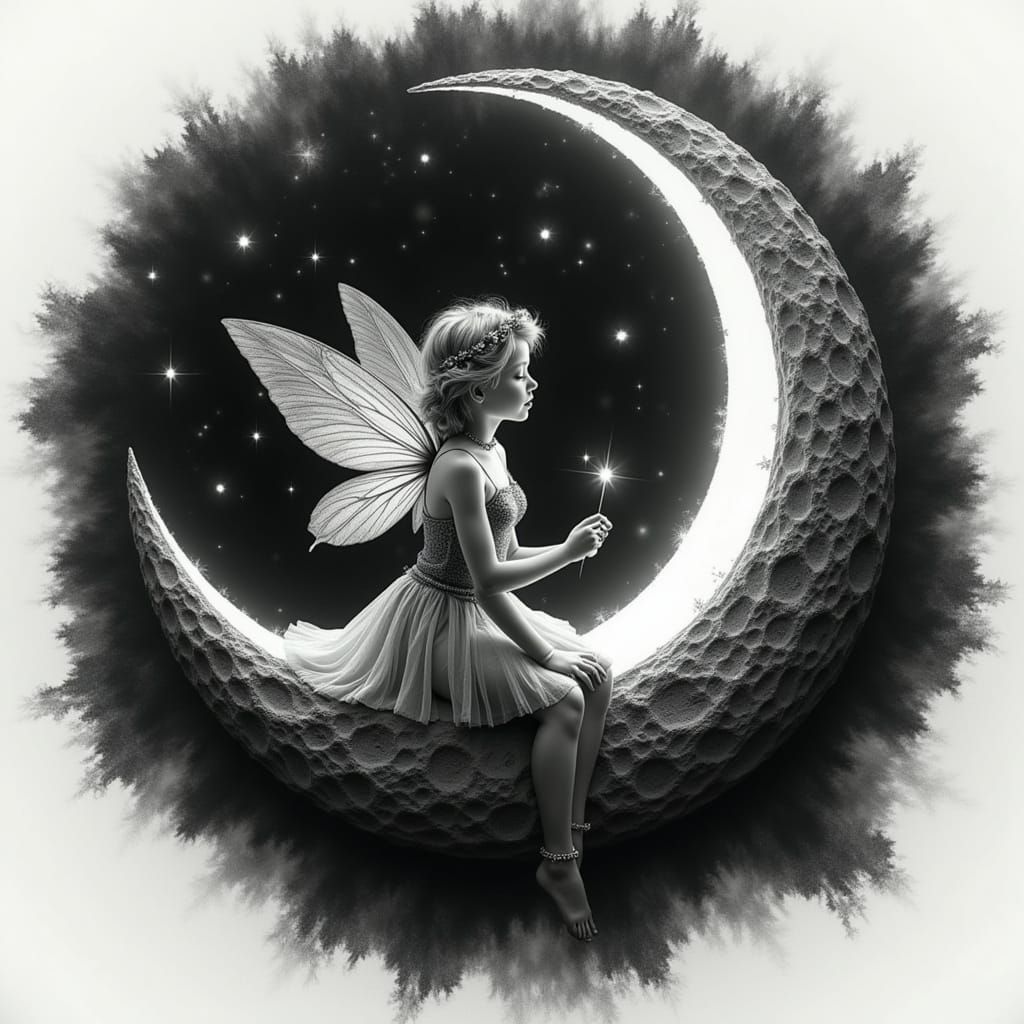 monochrome charcoal sketch of ornate crescent moon holding a...