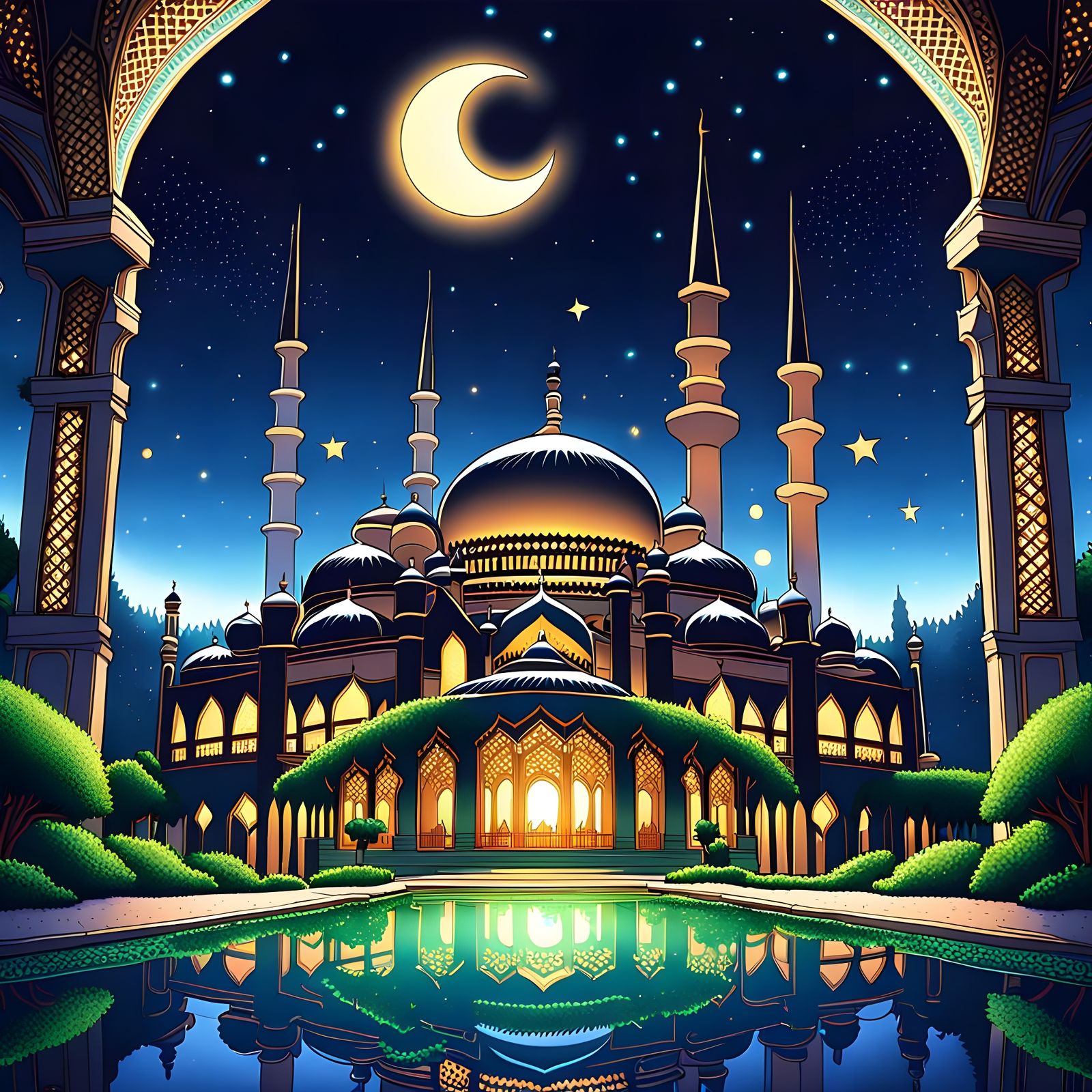 Anime Mosque Under Starry Night Sky