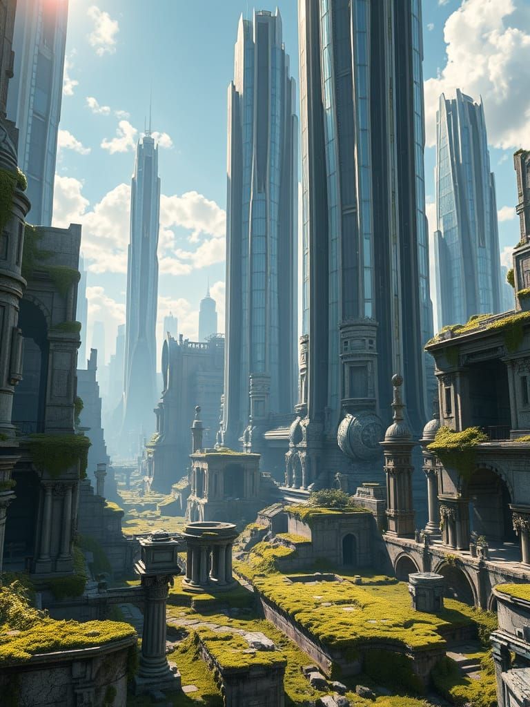 Futuristic Cityscape Reflecting Sunlight in Hyperrealism