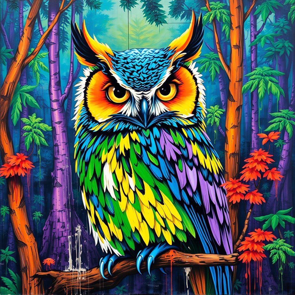 Vibrant Owl in Polychromatic Graffiti Style