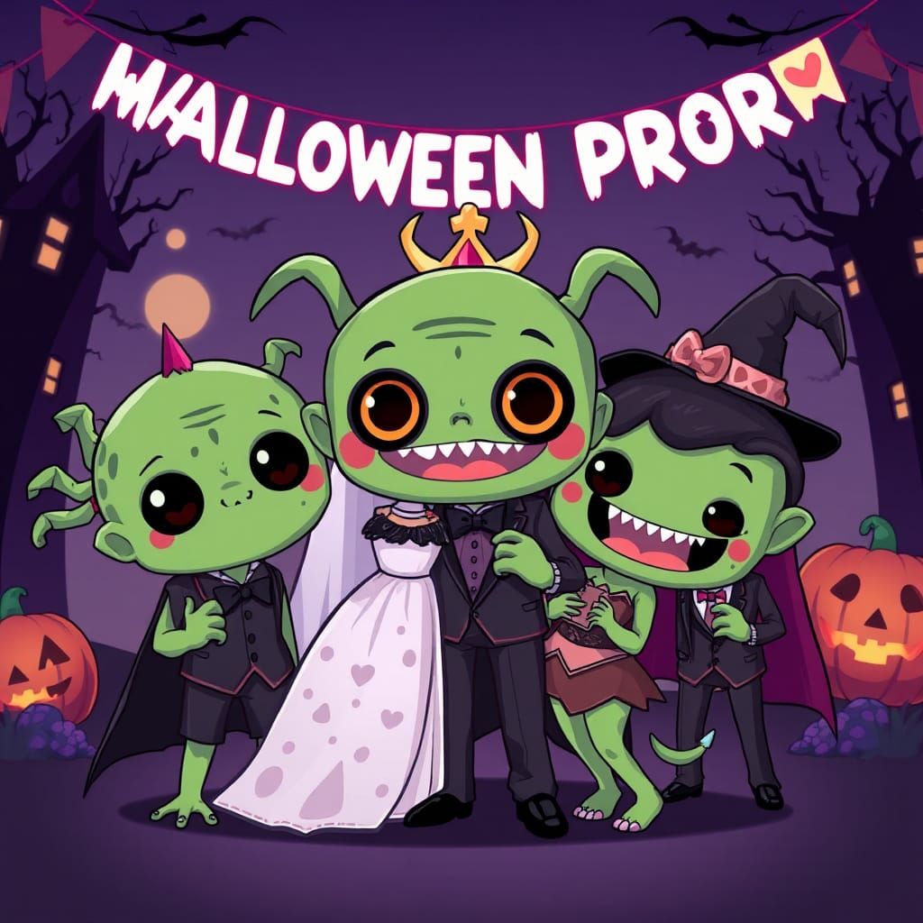 Cute Chibi Monster's Halloween Prom: Anime Art