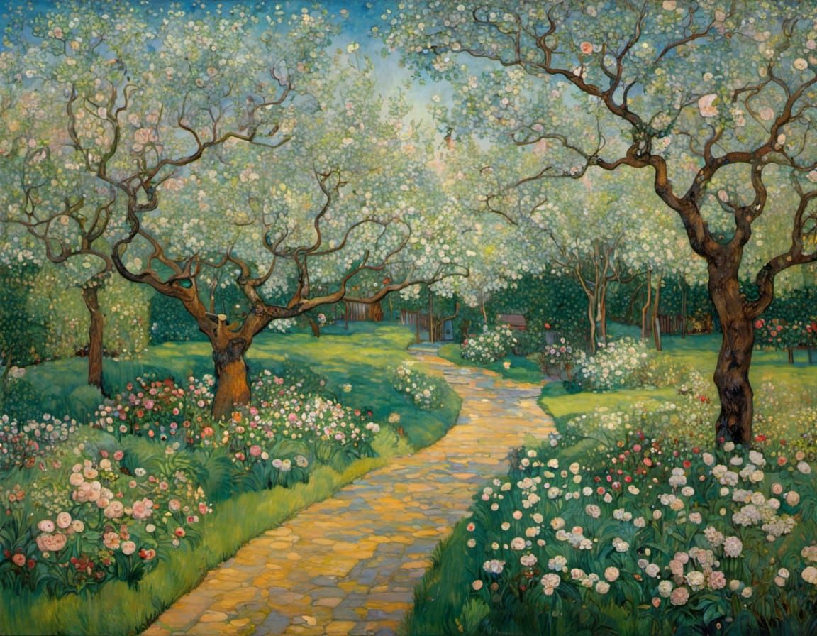 Garden of Golden Apples in Intricate Art Nouveau Style