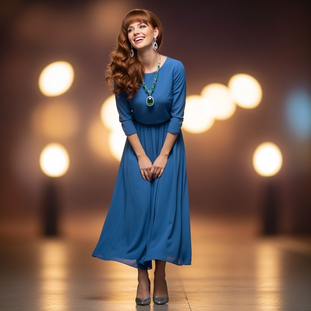 Elegant Woman in Blue Dress with Emerald and Diamond Jewelry