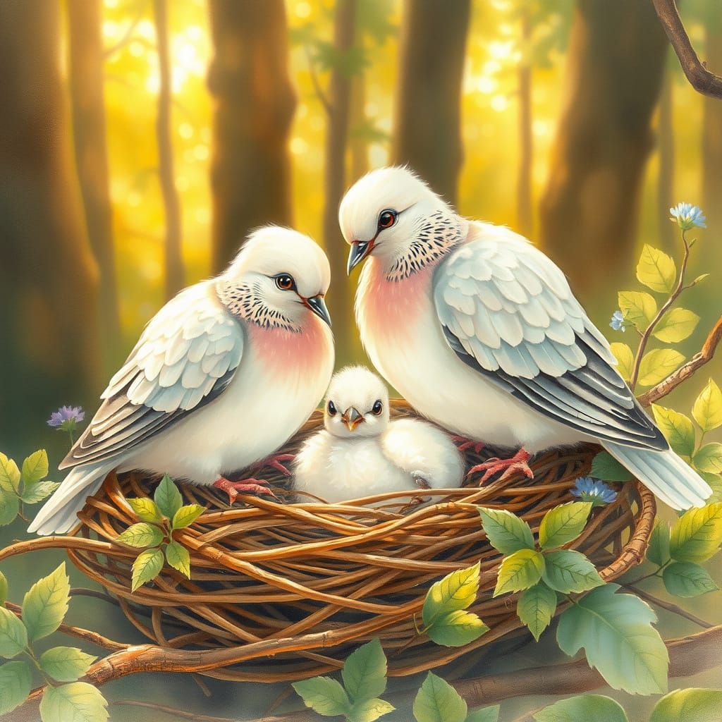 Whimsical Watercolor Doves Tending Their Chick in a Lush For...