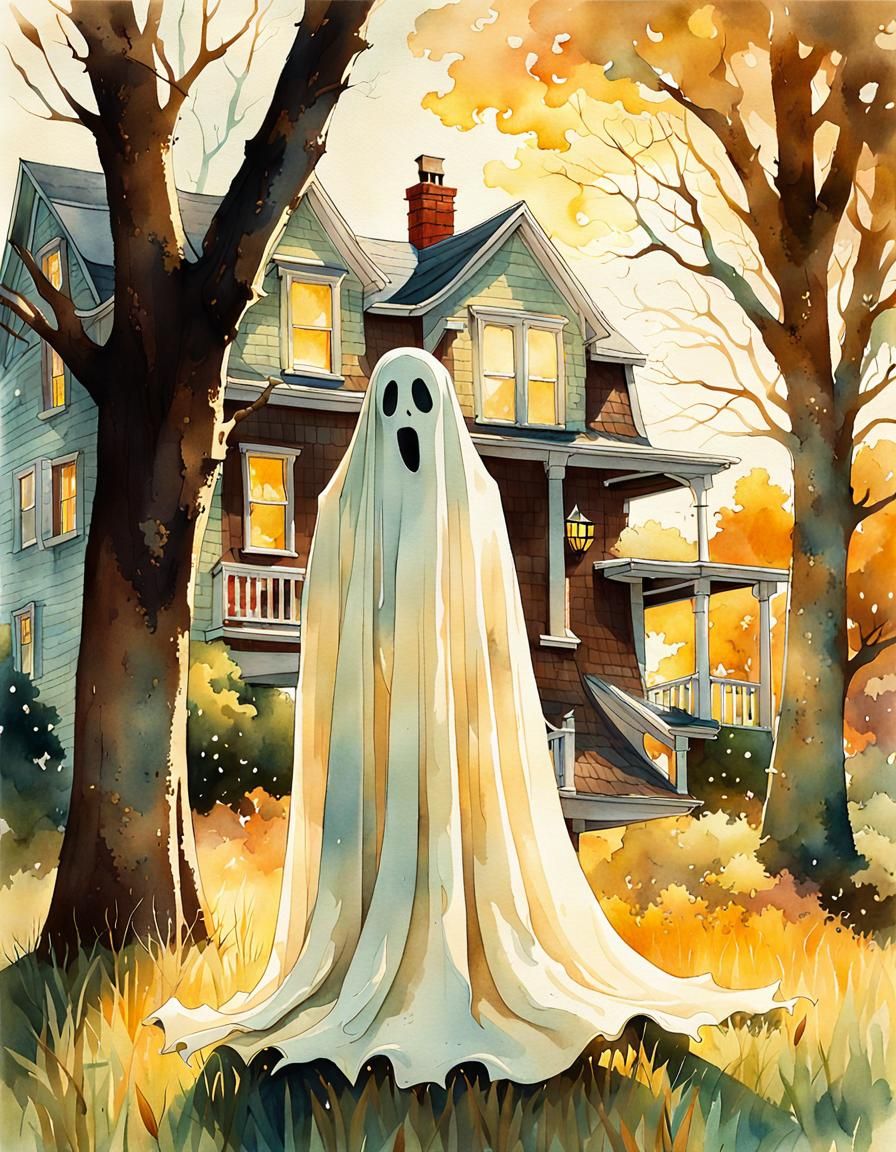 Whimsical Ghost Inspects Vintage Suburban Home